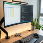 Um computador com dois monitores e equipamento ergonômico está ligado em um ambiente doméstico.