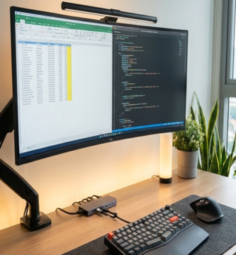 Um computador com dois monitores e equipamento ergonômico está ligado em um ambiente doméstico.