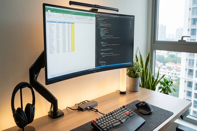 Um computador com dois monitores e equipamento ergonômico está ligado em um ambiente doméstico.